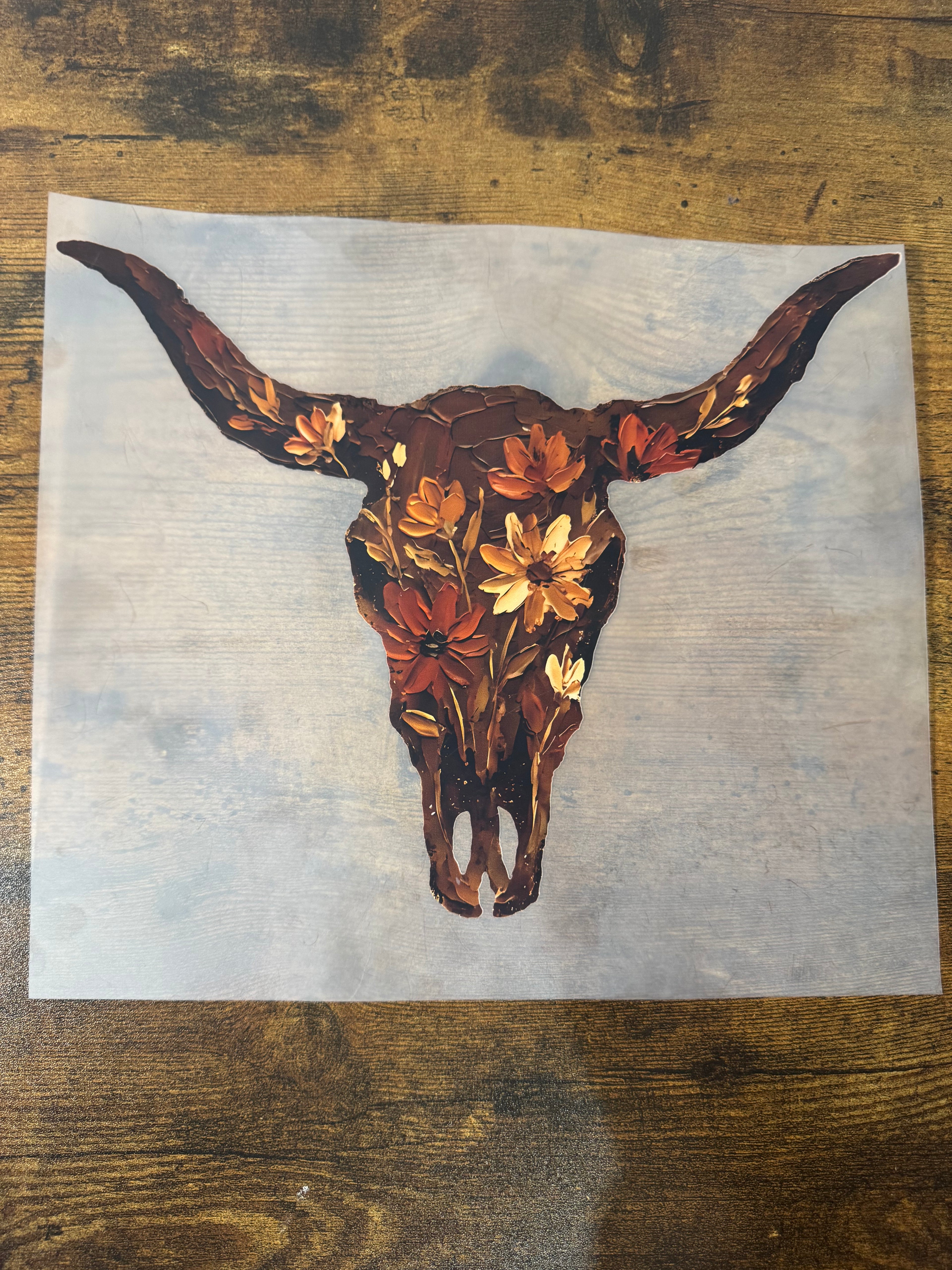 Painted Floral Bull Skull Transfer